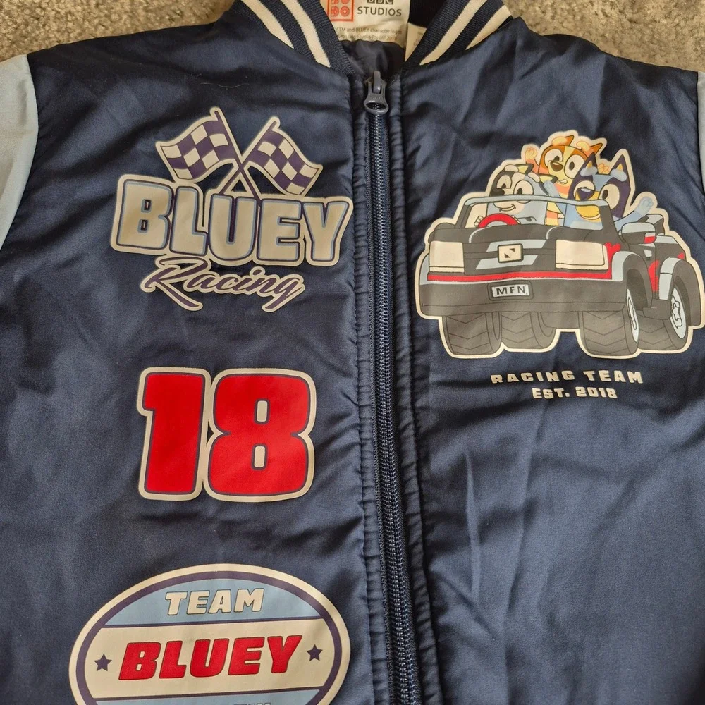 Bluey Racing Team Kids‎ Bomber Jacket Navy Blue Varsity Windbreaker Size 4/5